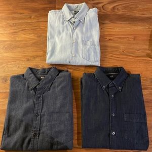 3 Uniqlo Long Sleeve Shirts, Chambray & Flannel